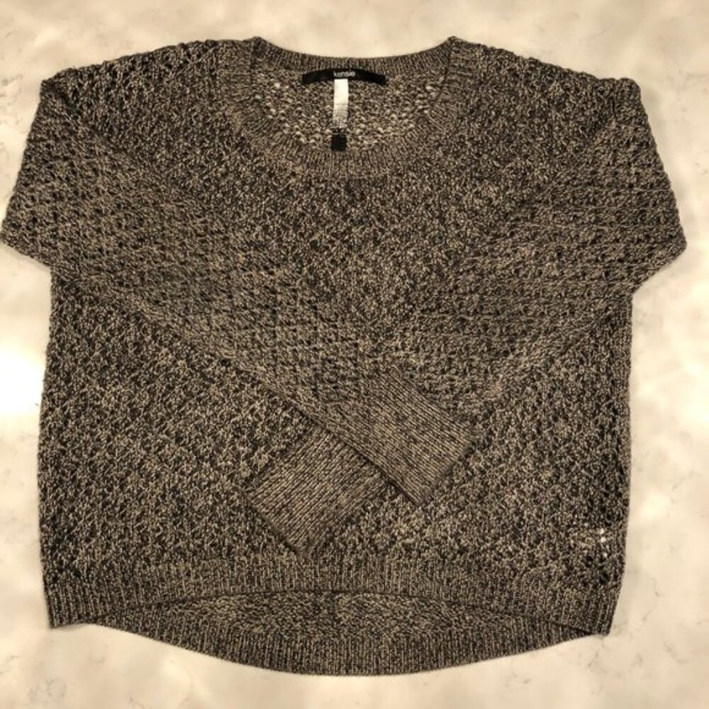 Kensie Lg Slv Scoop Neck Open Weave Acrylic Cotton Two Tone Sweater Gray Sz M